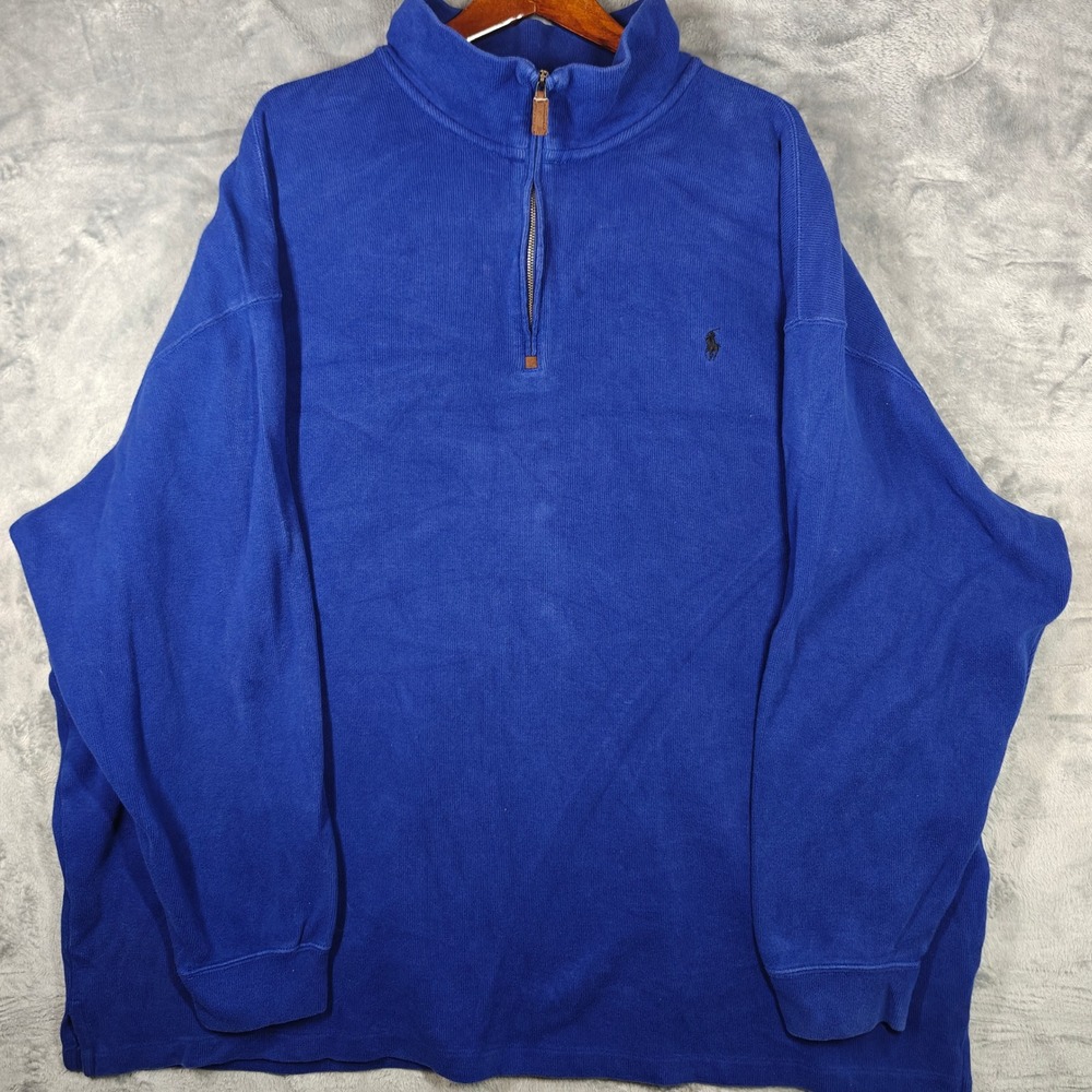 VTG Polo Ralph Lauren Quarter Zip Pullover Mens 4XB Blue Long Sleeve Cotton Logo